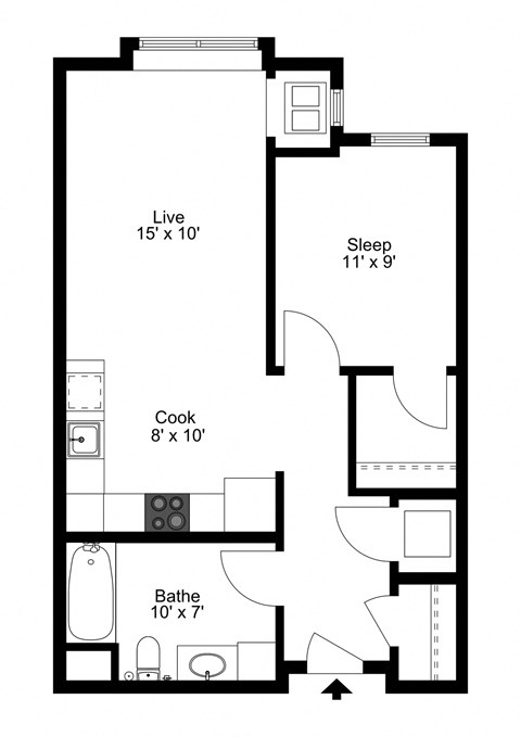 Floor plan for studio, 1 bath, 612 sqft